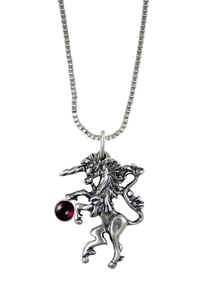 Sterling Silver Little Medieval Unicorn Pendant With Garnet